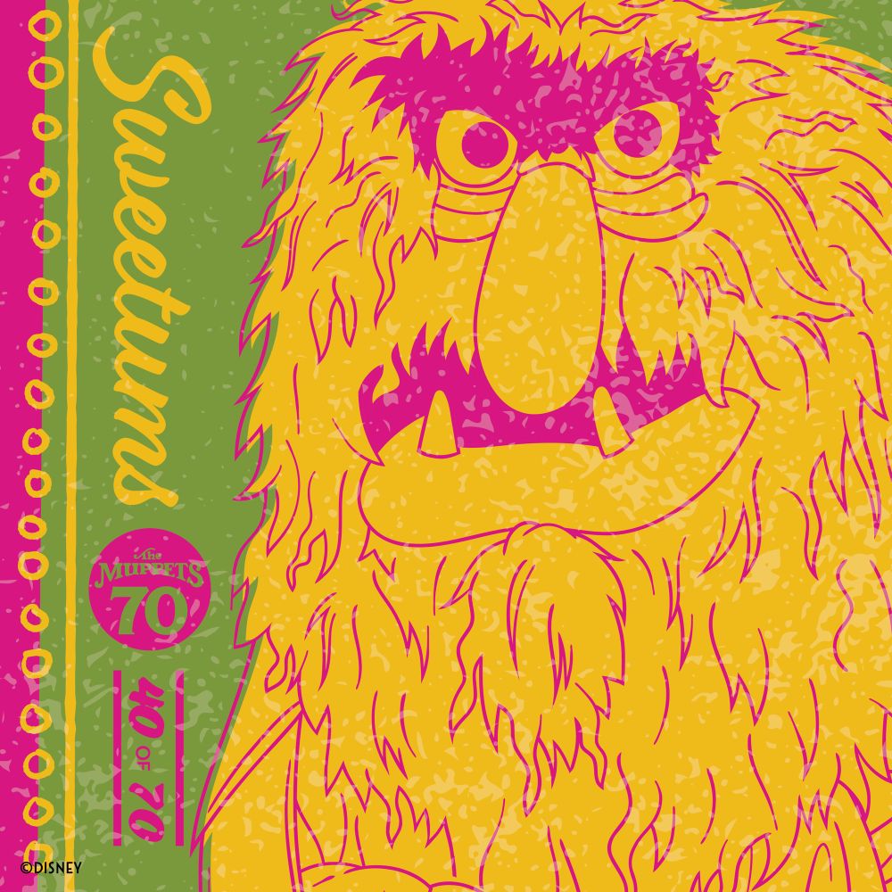 An illustration of a Muppet monster in pink, green and yellow.