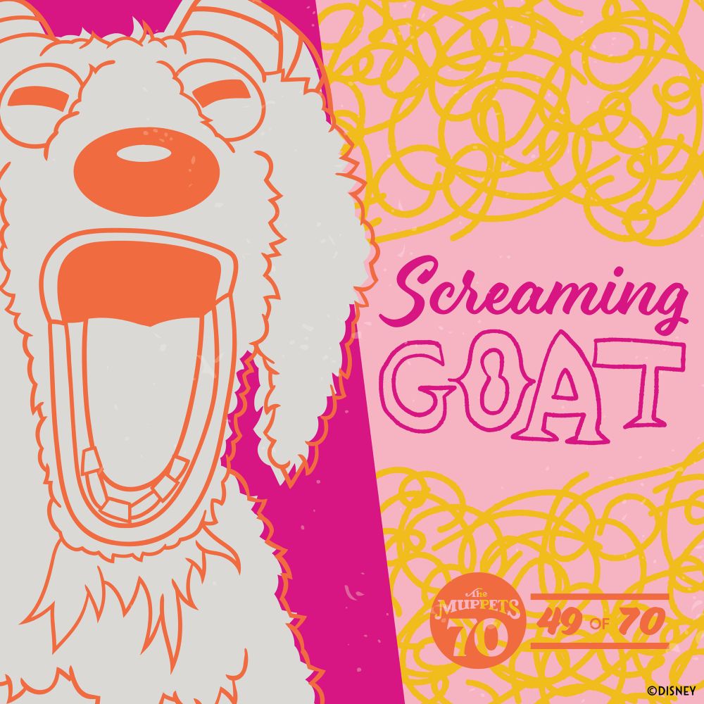 An illustration of a goat puppet with his mouth open as he screaming on a pink background