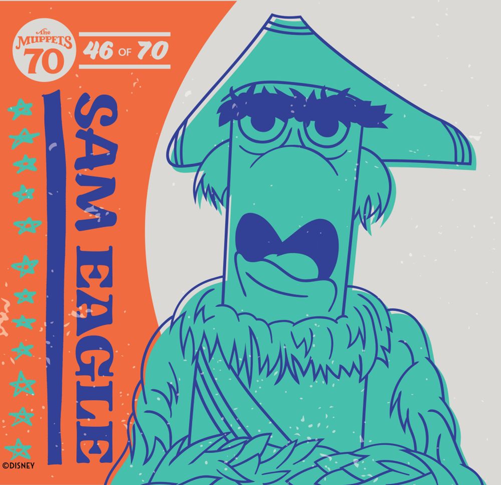 An illustration of a blue eagle puppet on a grey and orange background 