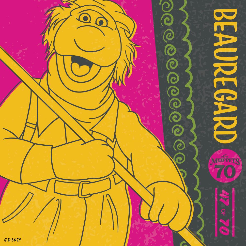 A handdrawn illustration of a janitor puppet holding a broom on a pink and grey background.