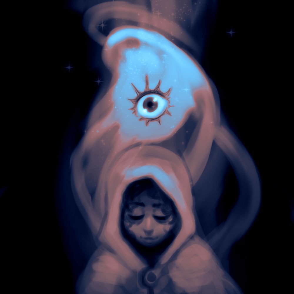 A person wearing a hooded cloak, with a peaceful expression is facing the viewer, eyes closed. Fumes are emanating from the figure and gathering above them forming a big eye.