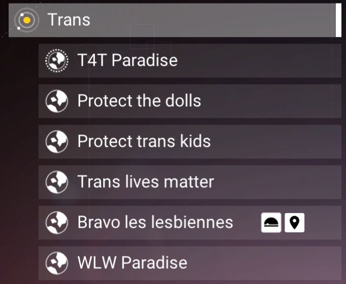 nom du systeme solaire : Trans
Nom des planetes : 
- T4T paradise
- Protect the dolls
- Protect trans kids
- Trans Lives matter
- Bravo les lesbiennes
- WLW Paradise