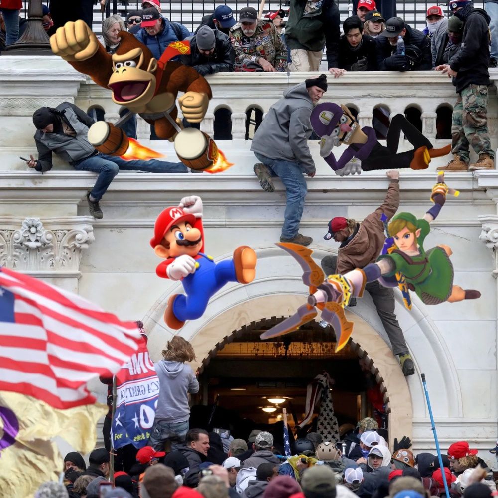 Nintendo characters assaulting the US Capitol building.