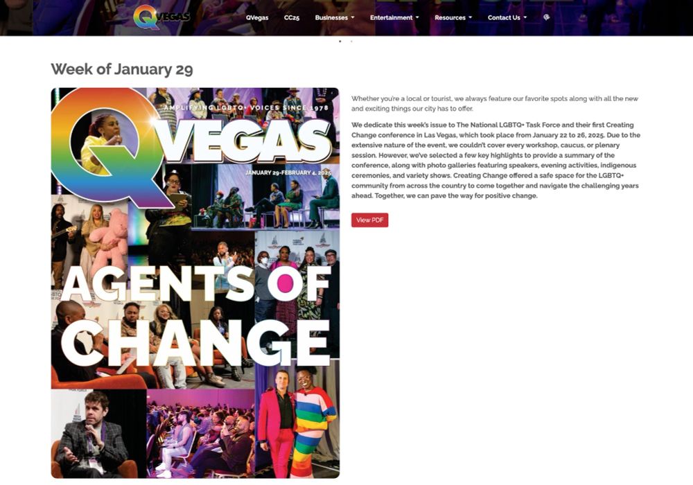 Screenshot of https://qvegas.com/ showing magazine cover and description of Week of January 29 contents