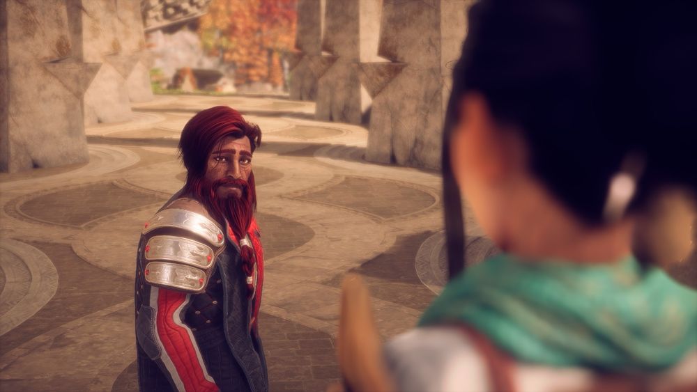 My first Rook in Veilguard. He is a Dwarf with floppy red hair and a single-braid beard. One eye is dark brown and the other is more amber. He’s heavily freckled and his skin is a warm brown tone. This shot is from a conversation with Bellara, where she told him some sad backstory. He looks like he might cry about it.