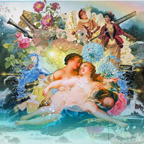 A collage of painted figures, seawater, roses, muskets and fireworks. In the center of the collage are Diana and Callisto from Boucher's painting, "Callisto and Jupiter as Diana."