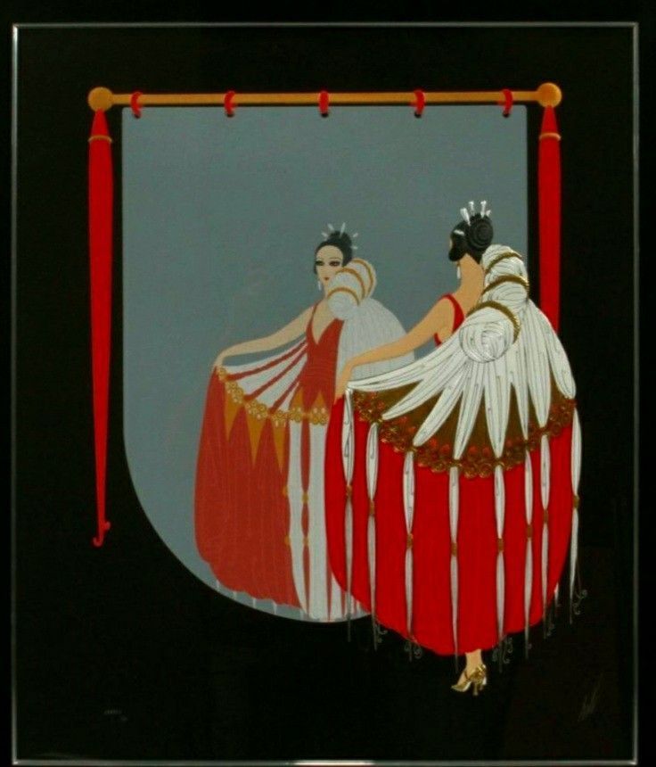 Erte painting of a woman in a red and white stole admiring herself in a large mirror