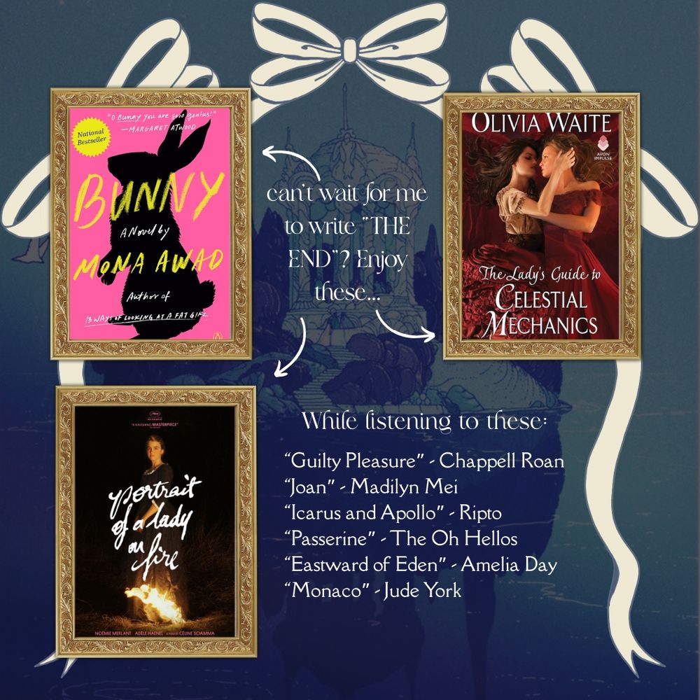 Text reads: "Can't wait for me to write 'THE END'? Enjoy these..." next to framed covers of Bunny by Mona Awad, The Lady's Guide to Celestial Mechanics by Olivia Waite, and Portrait of a Lady on Fire, followed by "while listening to these: 'Guilty Pleasure' - Chappell Roan
'Joan' - Madilyn Mei
'Icarus and Apollo' - Ripto
'Passerine' - The Oh Hellos
'Eastward of Eden' - Amelia Day
'Monaco' - Jude York"