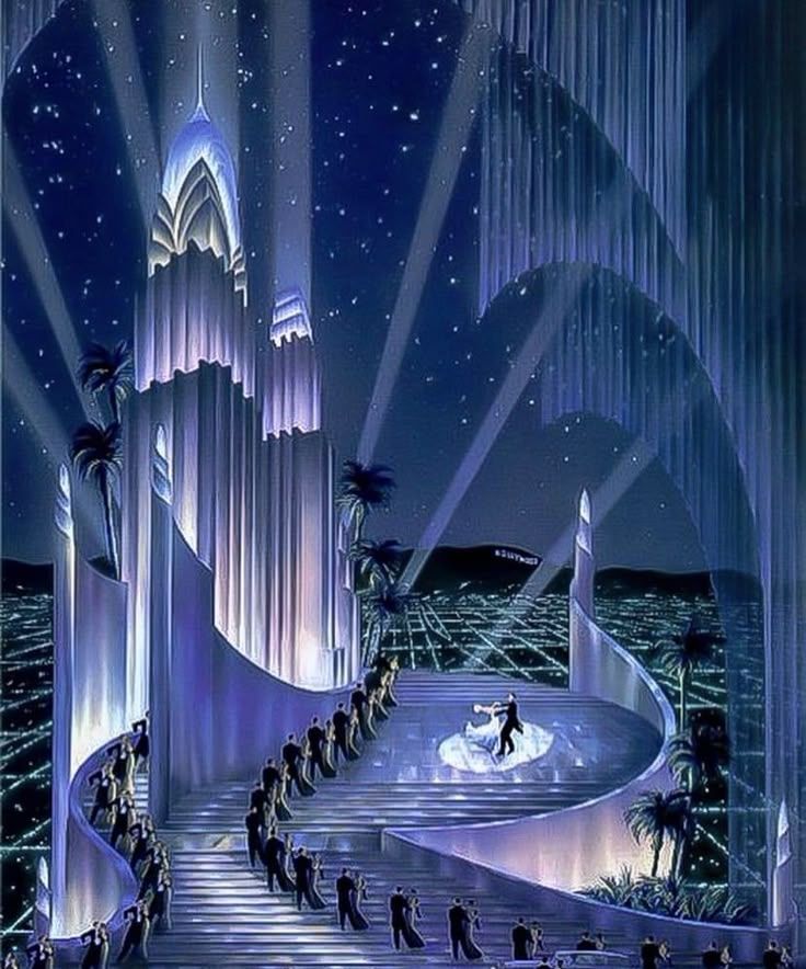 Robert Hoppe painting of two rows of couples dancing on the winding steps of a massive shining silver tower overlooking a glittering city sprawl