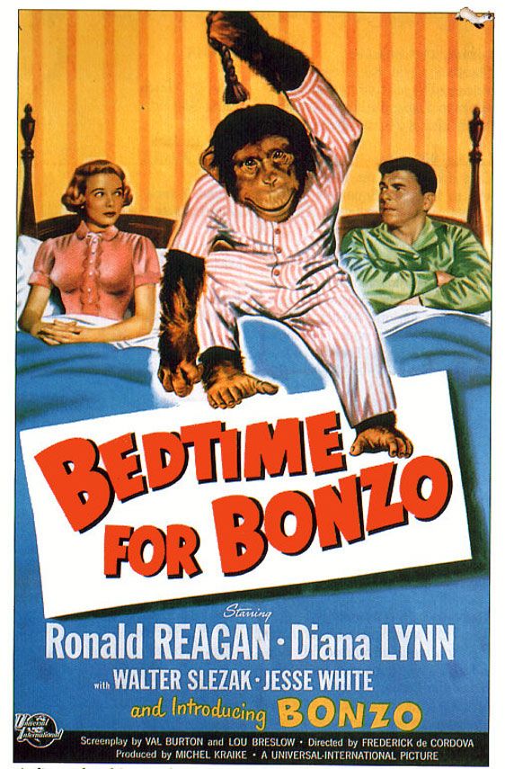 a movie poster for the 1951 film Bedtime for Bonzo. it shows a monkey in striped pajamas jumping on a bed between a young adult couple. the husband here was played by ronald reagan and i wish the monkey would have given him the NOPE treatment.