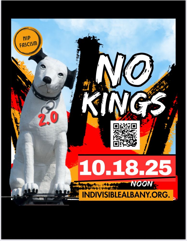Flyer about No Kings protest done in Basquiat-style, with a crown in the background, featuring Nipper, the iconic RCA dog. Upper left corner says “Nip Fascism”