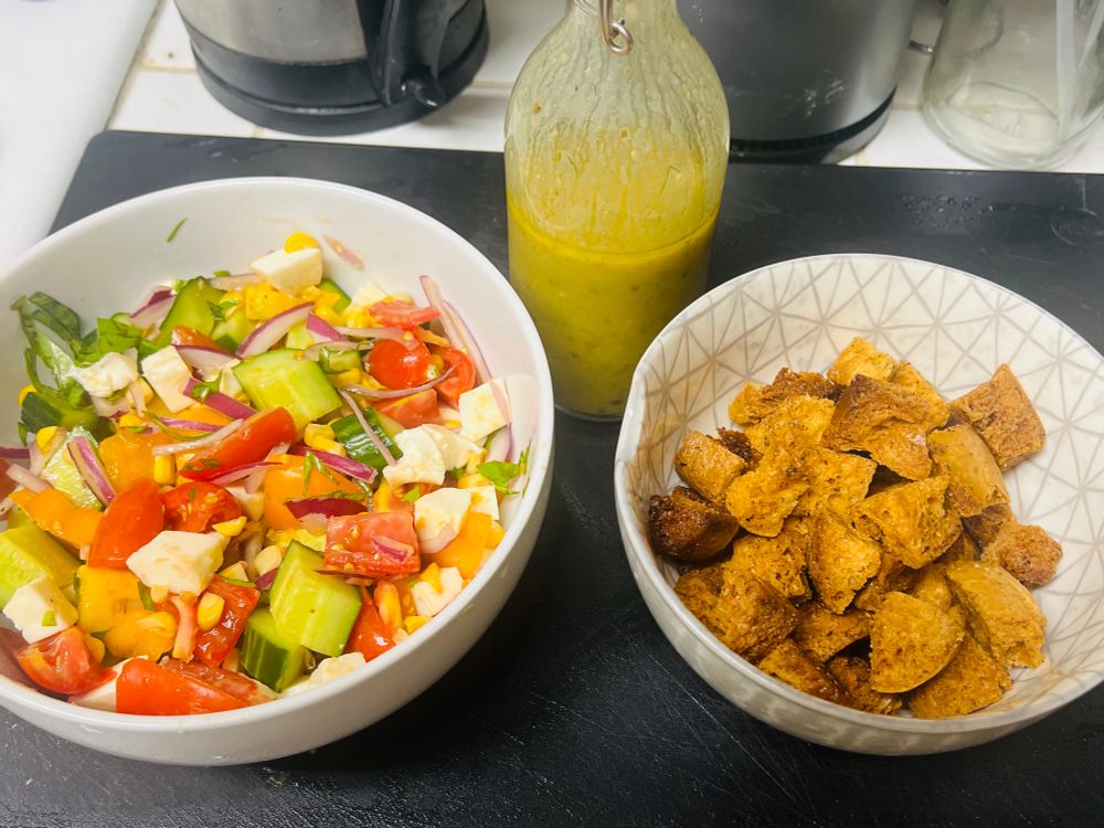 Simple supper - panzanella with homemade croutons and vinaigrette 