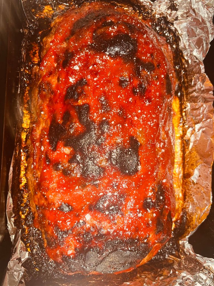 Garden meatloaf - beef pork mix, onions, carrots, zucchini, eggplant, roasted peppers, and garlic folded in. 