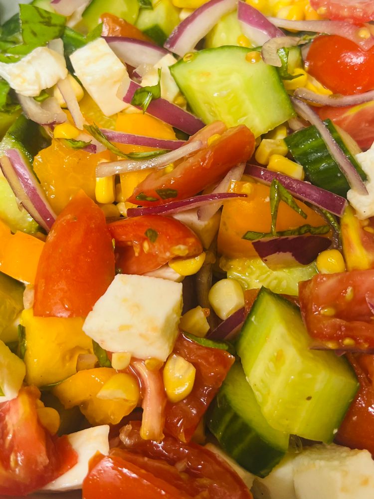 Panzanella salad with garden tomatoes, cucumbers, red onions, grilled corn, mozzarella cheese, and chopped basil 