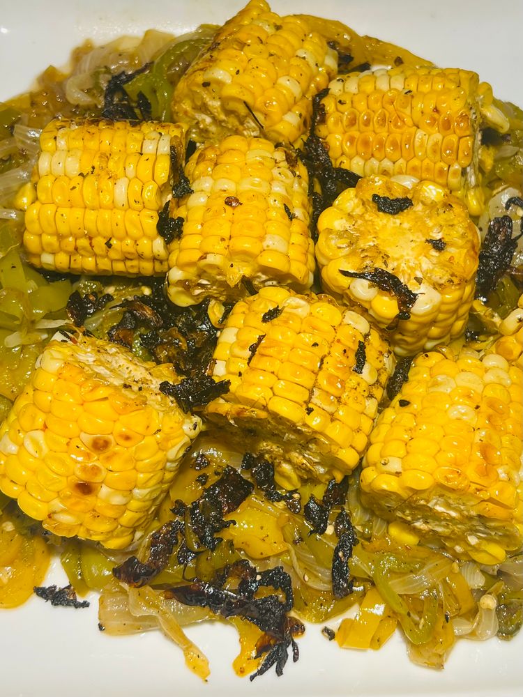 Onions, peppers, and corn 