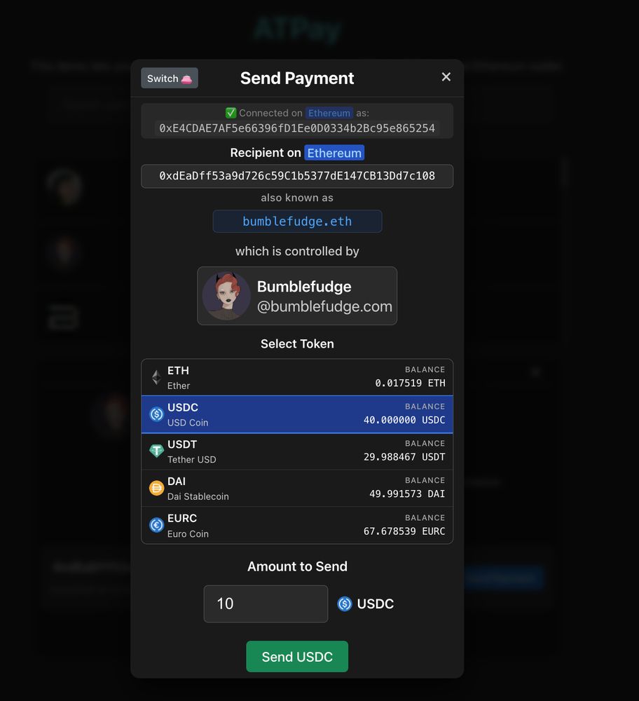 payments modal with more compact view of 5-token list, larger ENS name display, larger inner headers, and larger 64px avatar