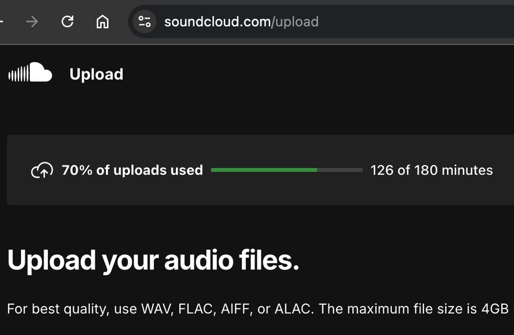 soundcloud upload page portion, showing i've used 126/180 minutes on the free plan