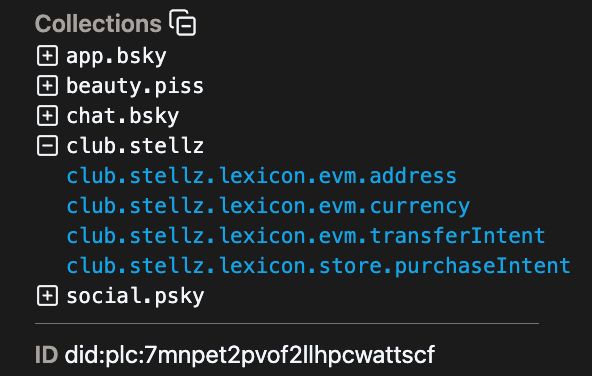 PDSls screenshot cropped to only collections for a did, with only a section titled "club.stellz" expanded, showing 4 records containing lexicon drafts