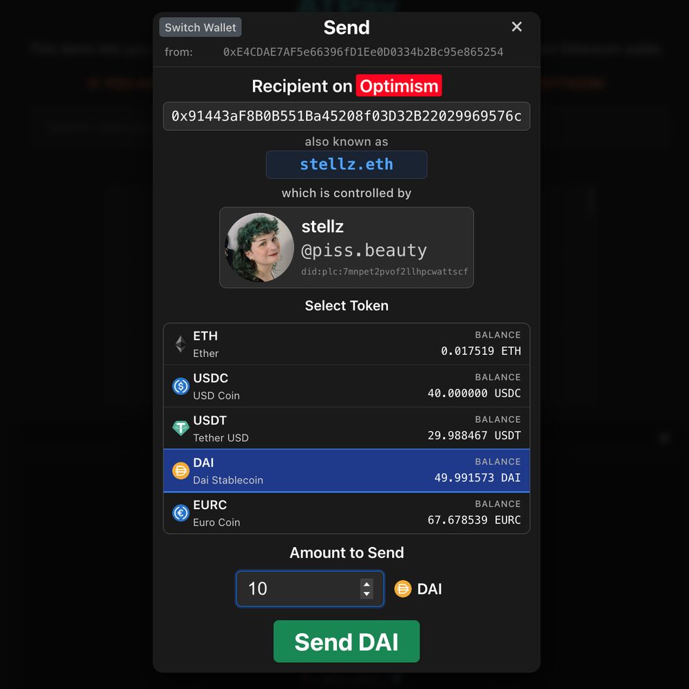 stellz in the atpay modal, with an Optimism recipient chain