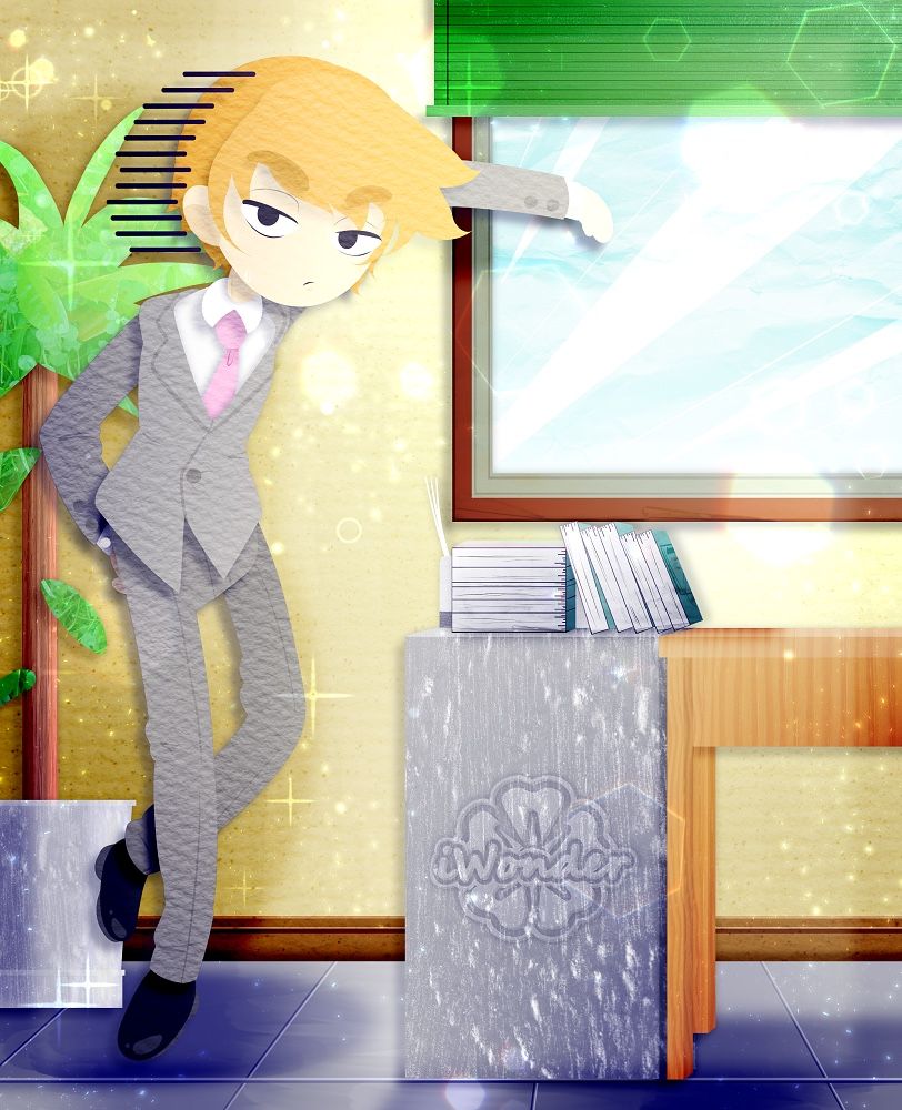 Reigen Arataka from Mob Psycho 100 posing nonchalantly in his office.