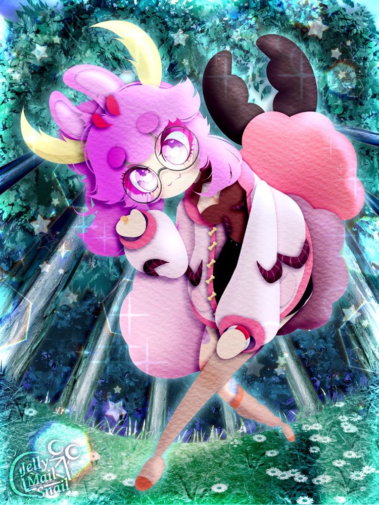 Fanart of BunnyJunieVT, a pink centipede bunny girl. The viewer is looking up at her waving in the middle of a dense forest of green.