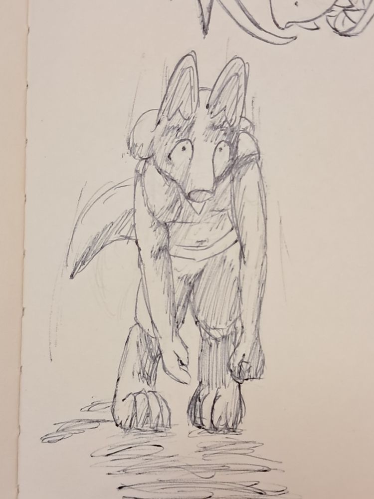 Pen doodle of my Lucario fursona hunched over and limping towards the viewer