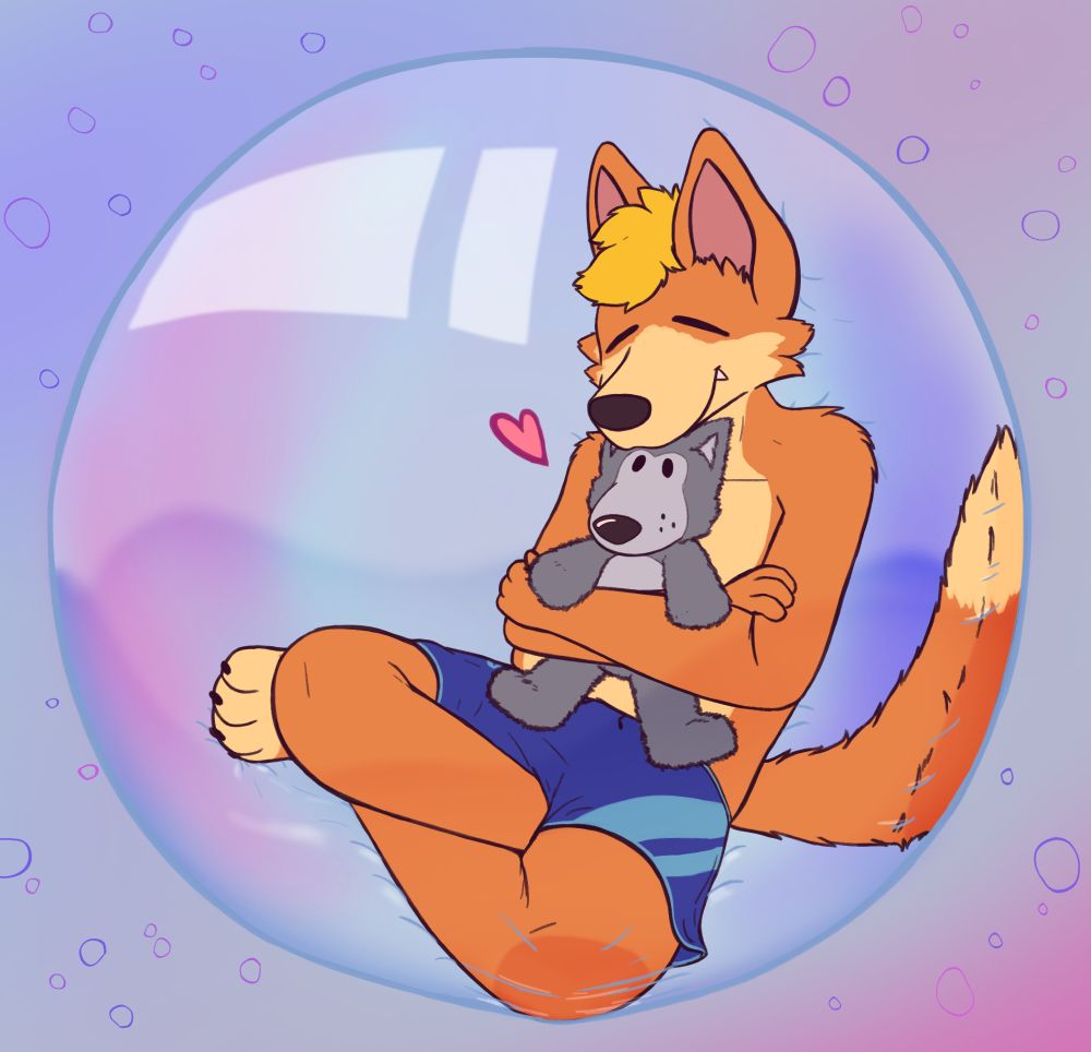 Drawing of an anthropomorphic fox sitting cross-legged inside a giant bubble, hugging his favorite plush, a fluffy gray wolf