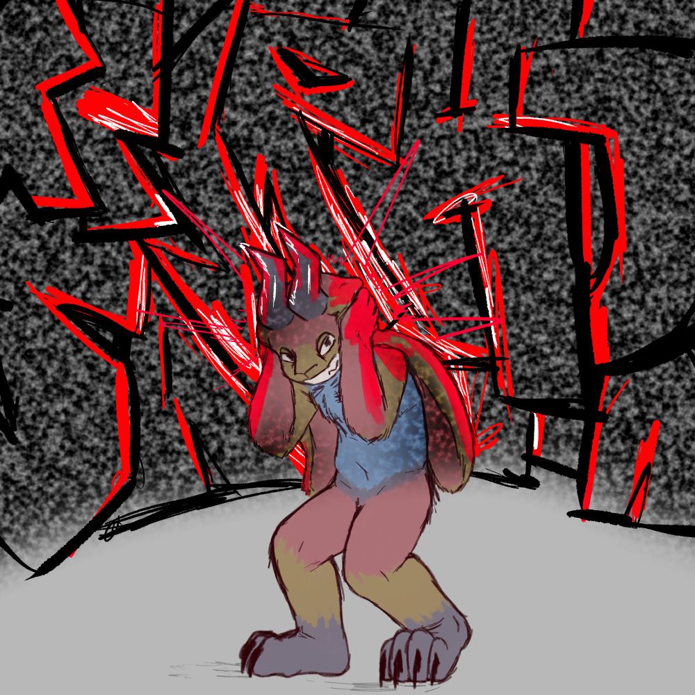 drawing of my bunny fursona. this time they have horns, grayer fur, and they're in visible pain as they try to plug their ears. behind them are stylized letters (that are not meant to say any word, they just represent noise) towering over my bunny fursona