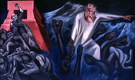 "Panel 7. The Departure of Quetzalcoatl" by José Clemente Orozco is a dynamic depiction of the legendary Mesoamerican deity departing amid turmoil, symbolized by dark, swirling forms and anguished figures. The mural, part of "The Epic of American Civilization," contrasts the imposing red pyramid and the departing god's commanding gesture, capturing the tension between civilization and chaos.