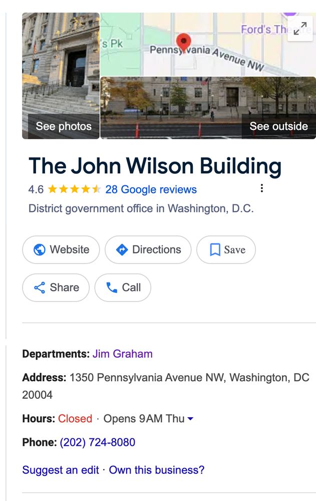 A screenshot of a Google content box for The John Wilson Building, the main office building for the local government of Washington, DC. The box lists "Departments: Jim Graham." Jim Graham is not a department; he is a former member of the DC Council who died in 2017.