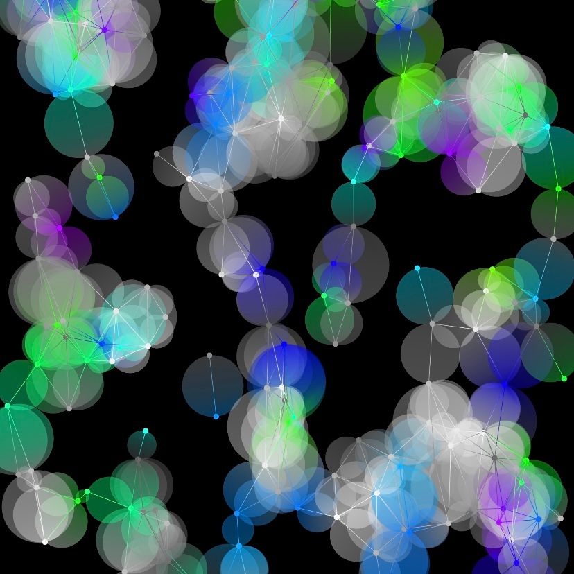 A variation of azurepolarbear's original “gradient graphs” generative code art algorithm. This variation has a random geometric graph of randomly placed points with a blue, green, purple, and white color scheme on a black background. Graph points are connected by a gradient line and a gradient circle.