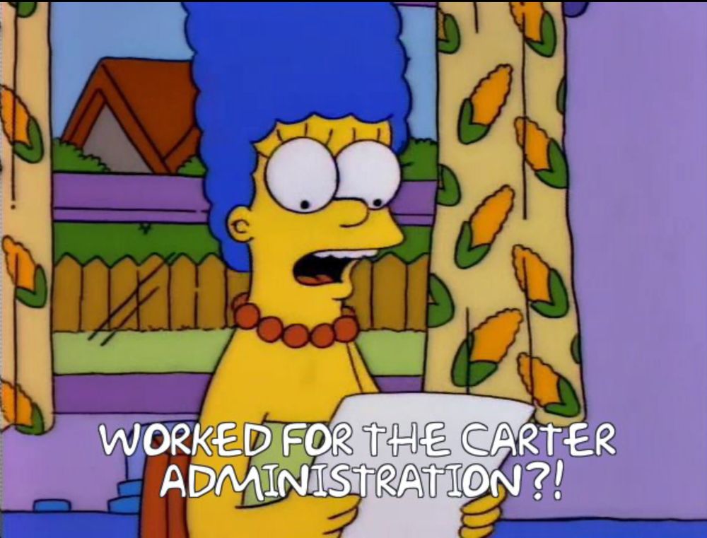 simpsons screenshots of marge looking at her resume and asking lisa why she lied and said "worked for the carter administration" - the second image is lisa replying "well you voted for him twice"