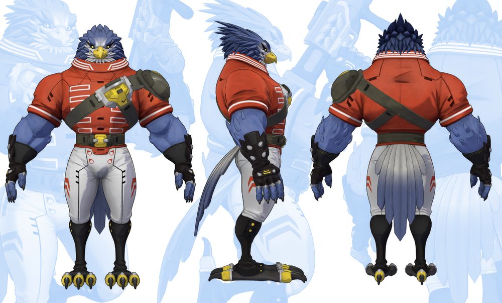 A 3D model of a bird gunner based on a concept artpiece from Nesskain.
It shows the front, side, and backview of the character.