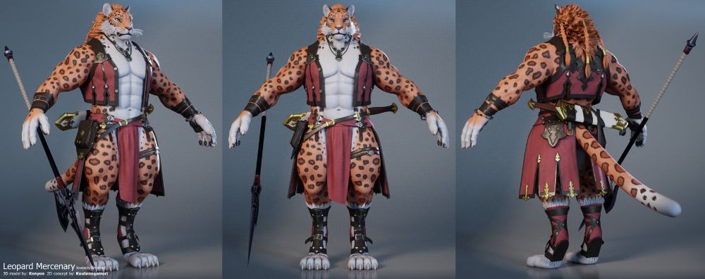 Three views of a textured 3D model that depicts a leopard mercenary fantasy character.
