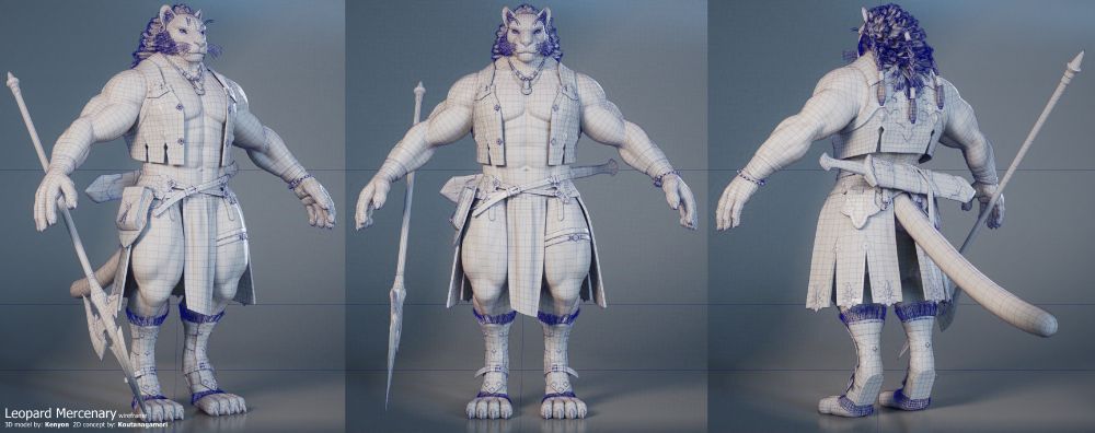 Three views of a 3D model with wireframe that depicts a leopard mercenary fantasy character.