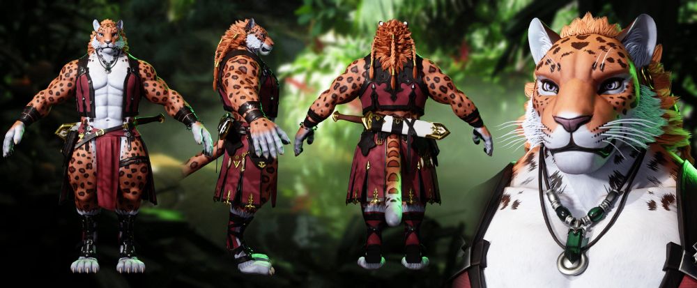 An overview shot showing the front, side, back, and portrait close up of a Leopard Mercenary 3D model.