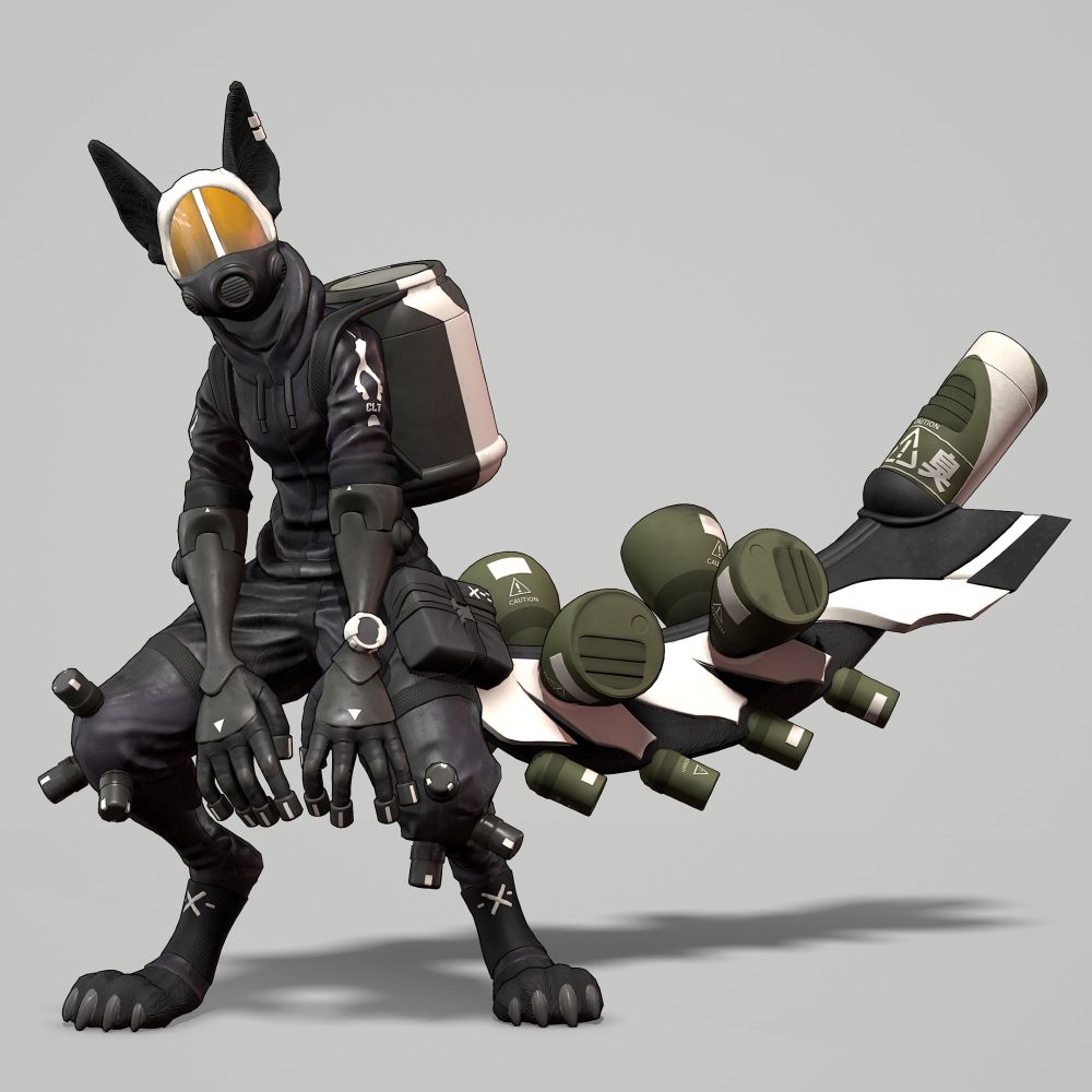 A skunk character wearing a hazmat suit and has cannisters attached on its tail. Based on a concept made by CatlessTail.