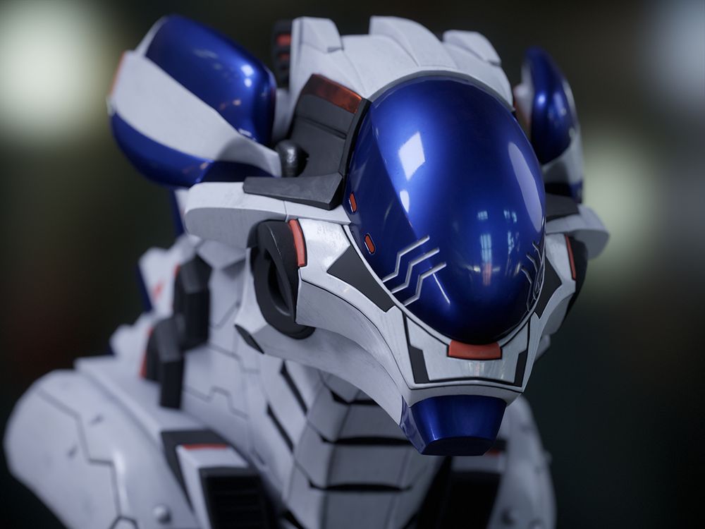 A 3D model of a robot bust that has elements of a car and a dragon combined. Based on a concept made by Tokyozilla / Neo.
