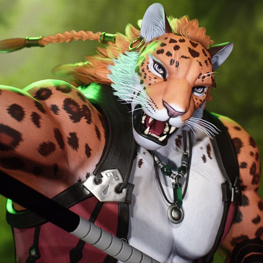 A close up shot of a leopard mercenary 3D model looking directly at the camera.