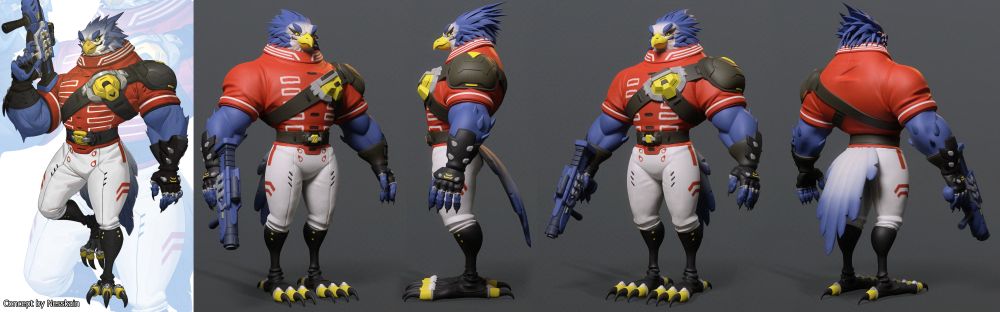Multiple views of a bird character with a gun showcasing all sides.
On the left is the original concept art made by Nesskain on which the model is based.