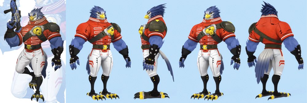 A 3D model of a bird character that is showing multiple angles of the model.