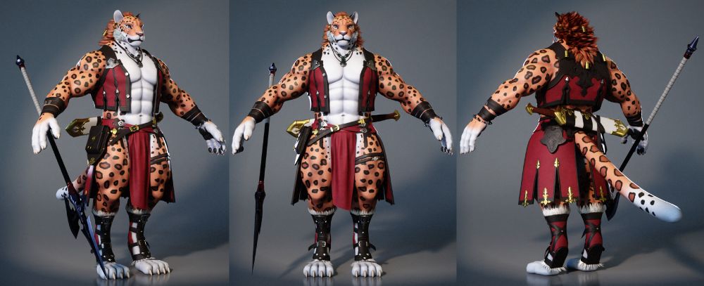 Three views of a textured 3D model that depicts a leopard mercenary fantasy character.