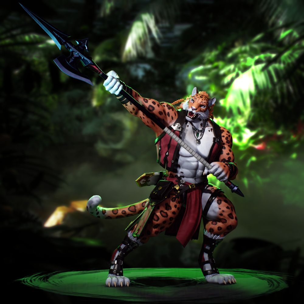 A 3D model of a Leopard Mercenary standing in an action pose with a halbert.