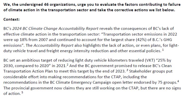 Image of part of first page of letter: We, the undersigned 46 organizations, urge you to evaluate the factors contributing to failure of climate action in the transportation sector and take the corrective actions we list below.