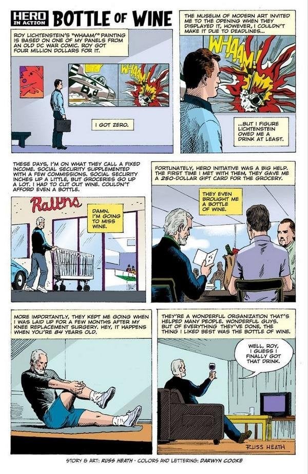 Comic strip by Russ Heath for the Hero Initiative about how he didn't get a single dime from Roy Lichtenstein plagiarizing his work.