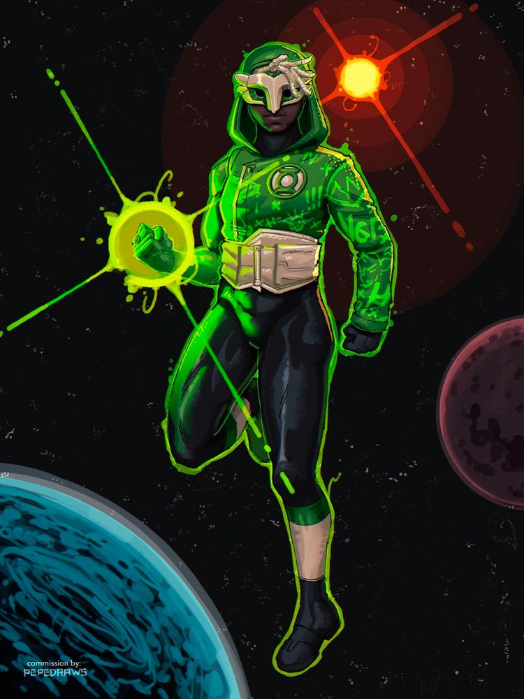 Ekko floats in space wielding a green ring of will. His uniform will be a black jumpsuit with a green hoodie over it, along with a hood and an owl-shaped half-mask. The logo of the Green Lanterns will be over his heart. 