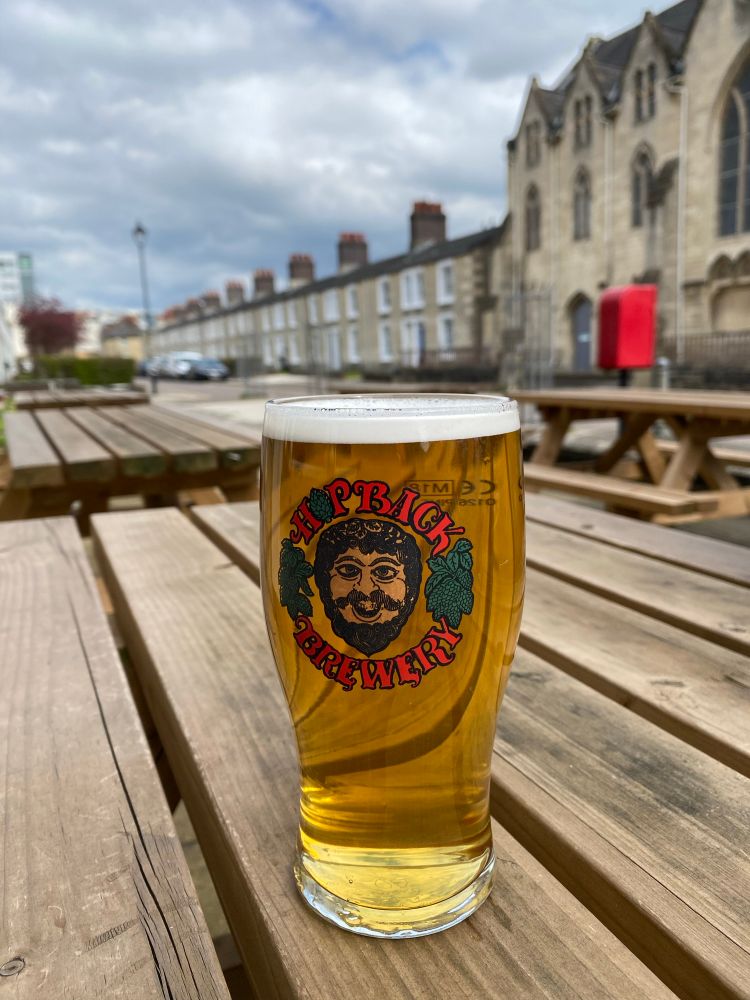 A pint of Hopback Summer Lightning, with Railway Village cottages in the background.