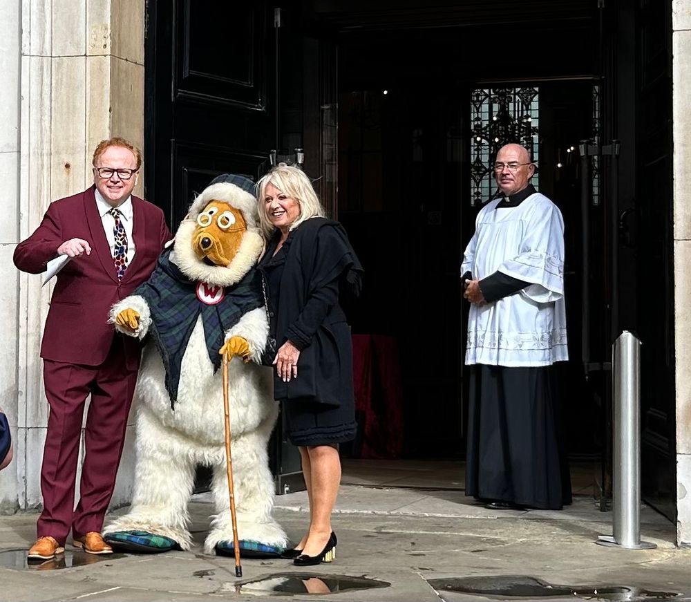 Mike Batt, Great Uncle Bulgaria and Elaine Paige outside St Paul’s Covent Garden - the Actor’s Church - before Bernard Cribbin’s memorial service.