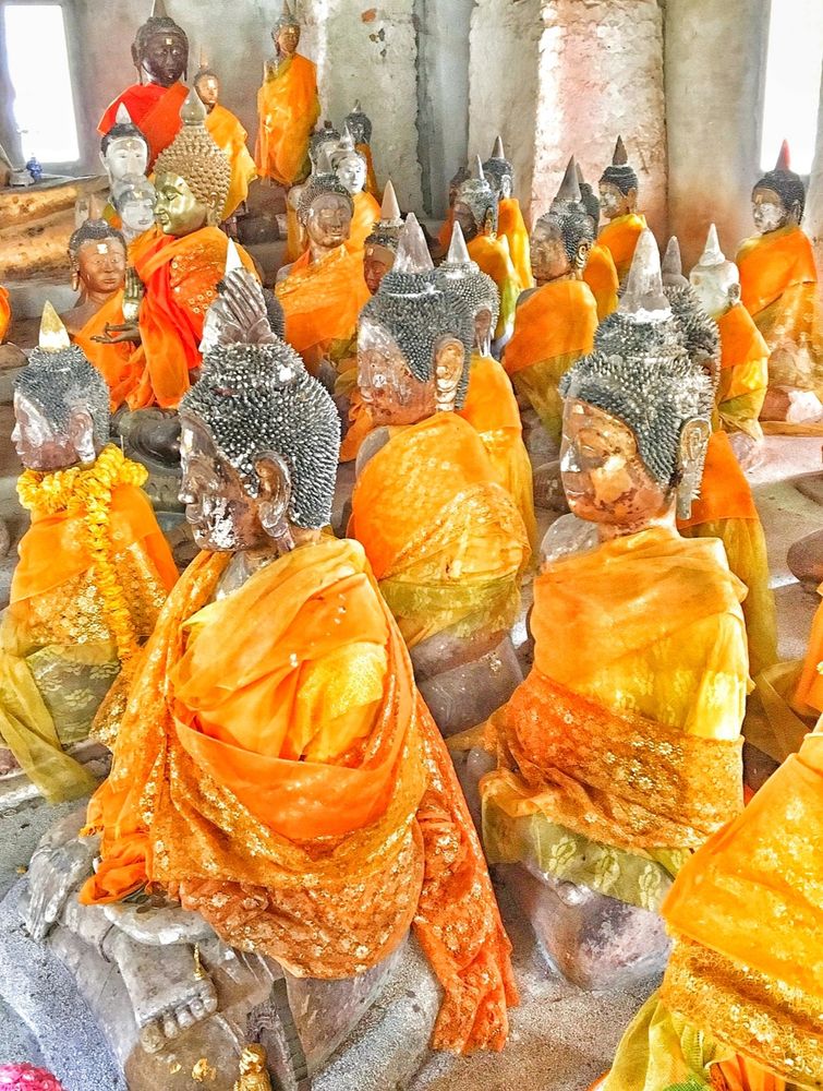 A room full of Buddhas at Wat Samret temple in Koh Samui, Thailand. Left to wander whilst our taxi driver nipped to pay his respects at a funeral, I found this old rooms crammed full of Buddha figures, carved from stone, no spaces between about 50 of them, and all covered in bright orange fabric. These were draped across their bodies, some with gold sequins, some with garlands of matching orange marigolds. 