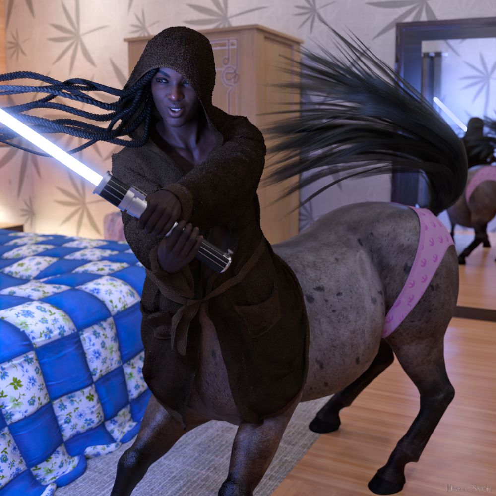 3D render of a black female centaur with a roan horse body. She is stood in a modern bedroom, wearing a brown bathrobe and pink underpants (printed with the Star Wars rebel icon). She is vigorously wielding a glowing lightsaber prop, with her braided hair and tail flying wildly. She is probably making "vwom vwom" noises.